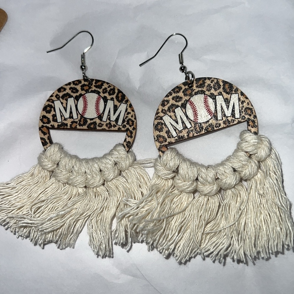Baseball Animal Print Wood & Macrame Earrings Mom New - Picture 2 of 3